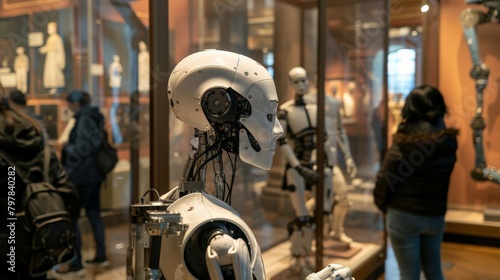 A humanoid robot giving a guided tour of a museum to visitors