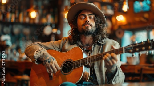 A man is playing guitar in a bar