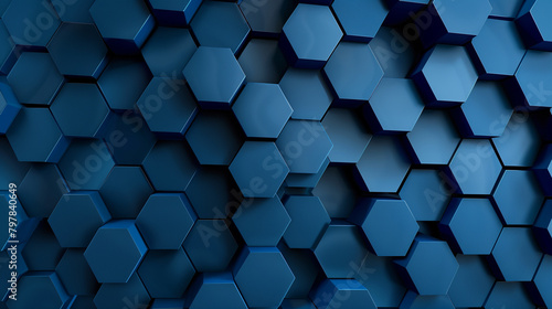 A blue background with a pattern of hexagons. The hexagons are all different sizes and are arranged in a way that creates a sense of depth and texture. Scene is one of modernity and sophistication