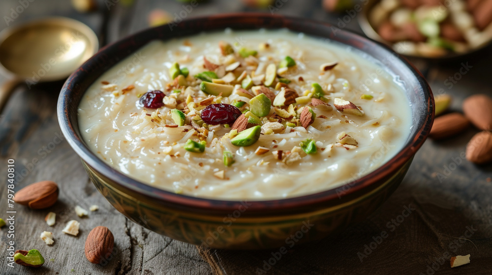 A traditional plate of sheer khurma, a sweet and creamy vermicelli pudding made with milk, dates, nuts, and fragrant spices, garnished with crushed almonds and pistachios. A traditional plate of sheer khurma, a sweet and creamy vermicelli pudding made with milk, dates, nuts, and fragrant spices, garnished with crushed almonds and pistachios.