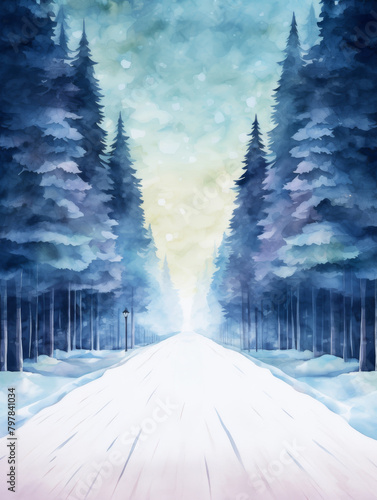A snowy path in a forest with tall pine trees on both sides. The sky is light blue and the sun is shining through the trees.