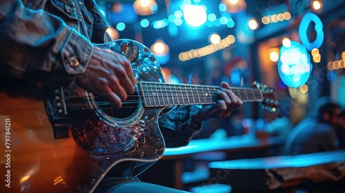 The man in the bar plays the guitar, with a close-up of his fingers.