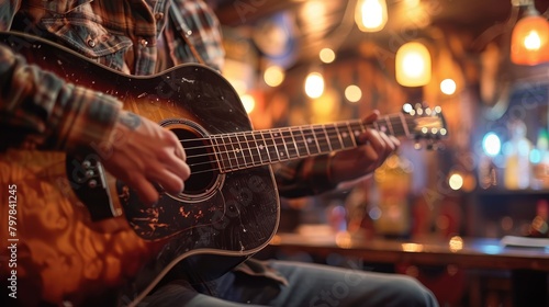 The man in the bar plays the guitar, with a close-up of his fingers.