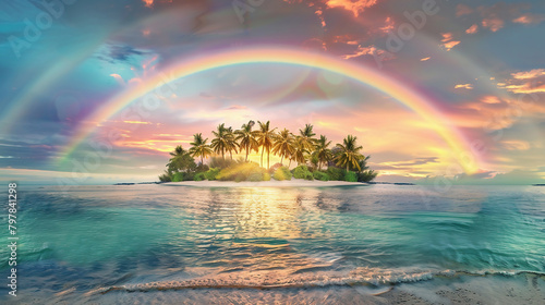 Tropical island with unspoiled beach and tall coconut palm trees - fabulous summer sky with rainbow and calm ocean waves. photo