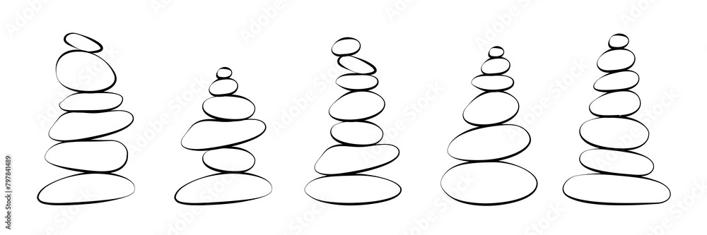 Meditation stone balance pyramid silhouette set vector illustration. Zen, meditation, relaxing or tranquility concept isolated on white background Meditation stone balance pyramid silhouette set vector illustration. Zen, meditation, relaxing or tranquility concept isolated on white background