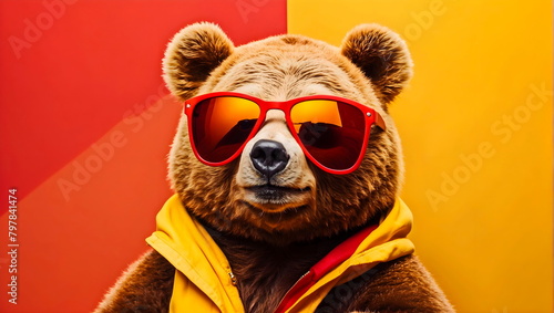 fun bear with sunglasses red yellow background generative Ai