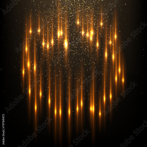 Gold flash rays and sparks with glow light effect vector illustration. Realistic 3D shiny golden fiery flares, precious jewelry and abstract star dust glowing on black background
