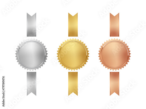 Gold, silver and bronze medals with vertical ribbons set vector illustration. 3d realistic award seals isolated on white. Golden design element for labels, certificates, badges, winners © backup16