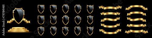 Black shields with golden frame, ribbons, pedestal vector set for emblem, badge, label. Royal medieval military armor collection isolated on black background. War trophy, heraldic symbol