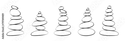 Meditation stone balance pyramid silhouette set vector illustration. Zen, meditation, relaxing or tranquility concept isolated on white background