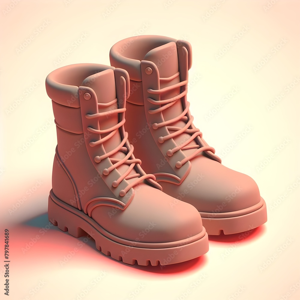 Tan leather lace-up boots with rugged soles on reflective surface pastel background