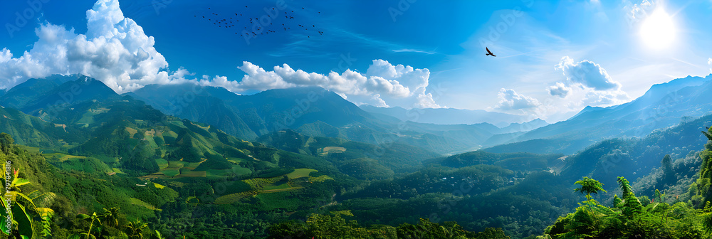 Panoramic Expanse: Vibrant Landscape With Rich Flora, Serene River & Majestic Mountains
