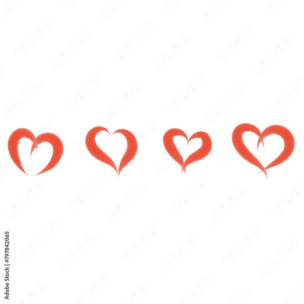 Set of 4 red heart icons, simple vector cartoon doodle style illustration elements for product or web design.