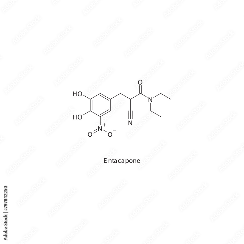 Entacapone flat skeletal molecular structure COMT inhibitor drug used in Parkinson's disease treatment. Vector illustration scientific diagram.