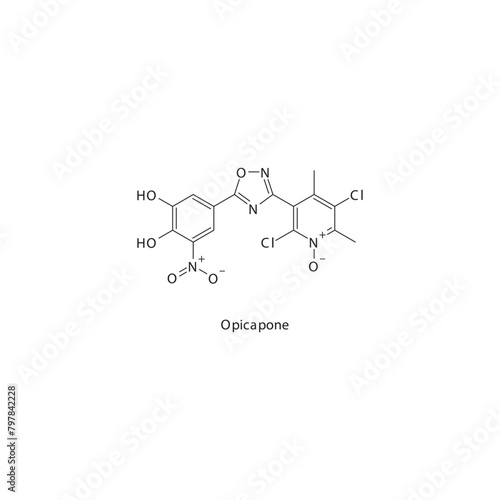 Opicapone flat skeletal molecular structure COMT inhibitor drug used in Parkinson's disease treatment. Vector illustration scientific diagram.