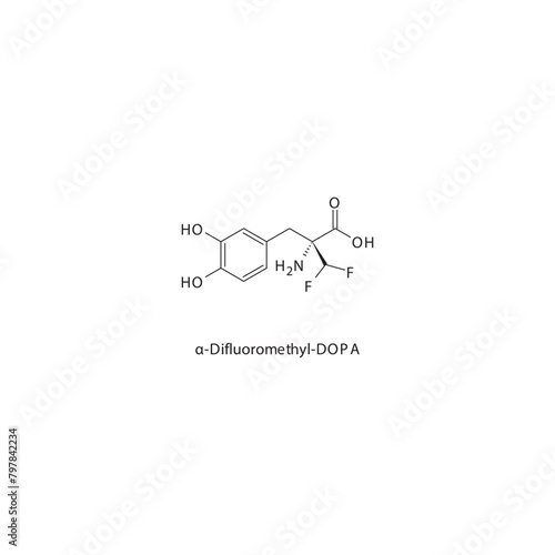 α-Difluoromethyl-DOPA flat skeletal molecular structure AAAD inhibitor drug used in Parkinson's disease treatment. Vector illustration scientific diagram.