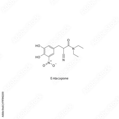 Entacapone flat skeletal molecular structure COMT inhibitor drug used in Parkinson's disease treatment. Vector illustration scientific diagram.