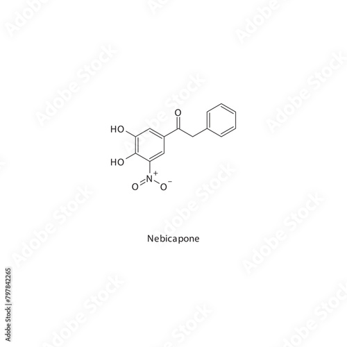 Nebicapone flat skeletal molecular structure COMT inhibitor drug used in Parkinson's disease treatment. Vector illustration scientific diagram.