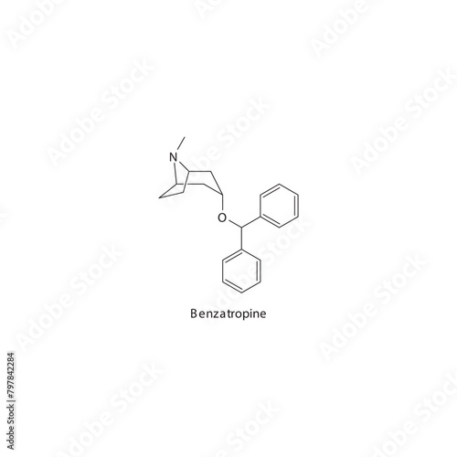 Benzatropine  flat skeletal molecular structure Anticholinergic drug drug used in Parkinsonism treatment. Vector illustration scientific diagram.
