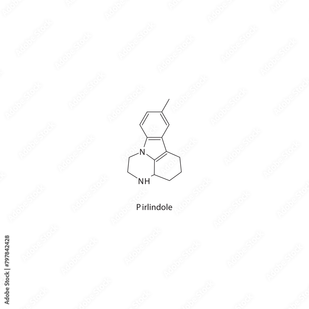 Pirlindole flat skeletal molecular structure MAO A inhibitor drug used in depression treatment. Vector illustration scientific diagram. Pirlindole flat skeletal molecular structure MAO A inhibitor drug used in depression treatment. Vector illustration scientific diagram.