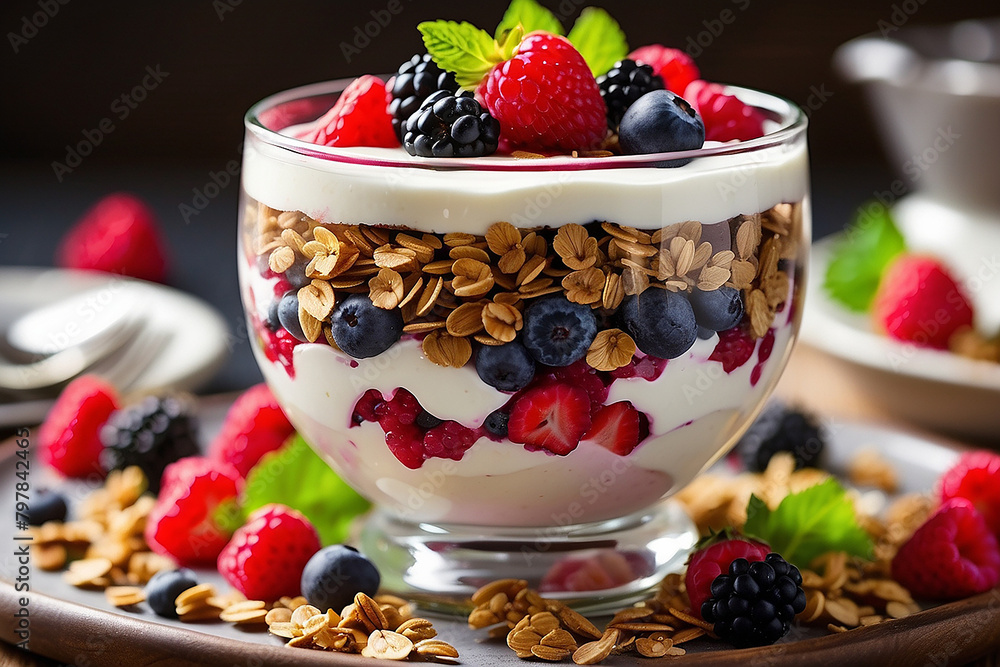 A decadent fruit parfait layered with colorful berries, creamy yogurt, and crunchy granola, garnished with fresh mint leaves. A decadent fruit parfait layered with colorful berries, creamy yogurt, and crunchy granola, garnished with fresh mint leaves.