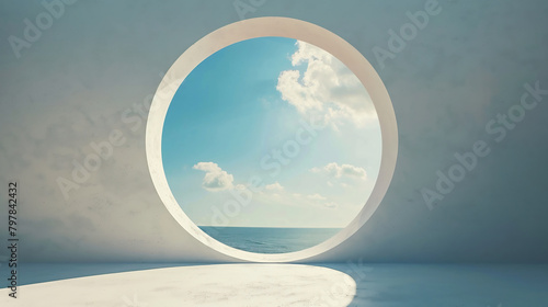 Wall with hole water and blue sky background. Creative, minimal, styled concept for bloggers photo