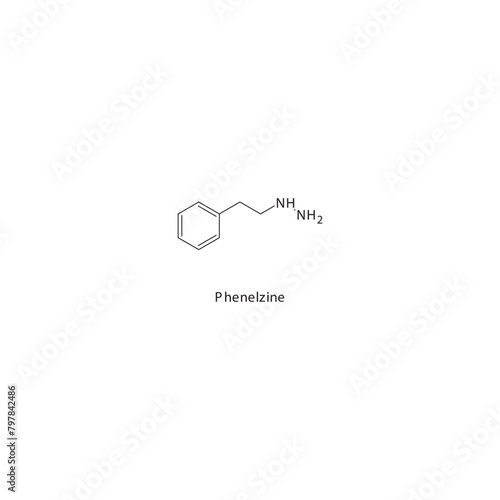 Phenelzine flat skeletal molecular structure MAO inhibitor drug used in depression treatment. Vector illustration scientific diagram.