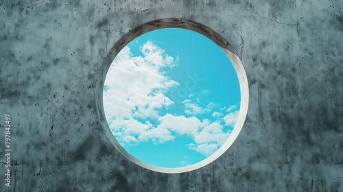 Wall with hole water and blue sky background. Creative, minimal, styled concept for bloggers photo