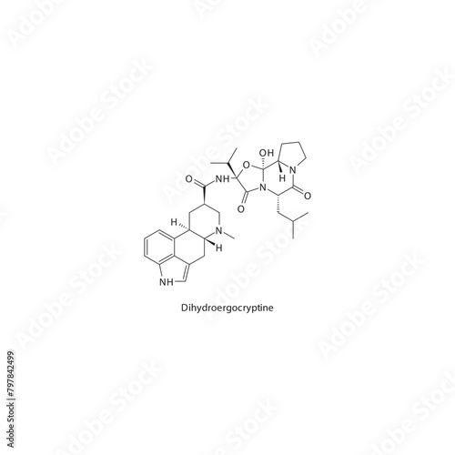 Dihydroergocryptine flat skeletal molecular structure Dopamine agonist - ergoline drug used in Parkinson's disease treatment. Vector illustration scientific diagram.