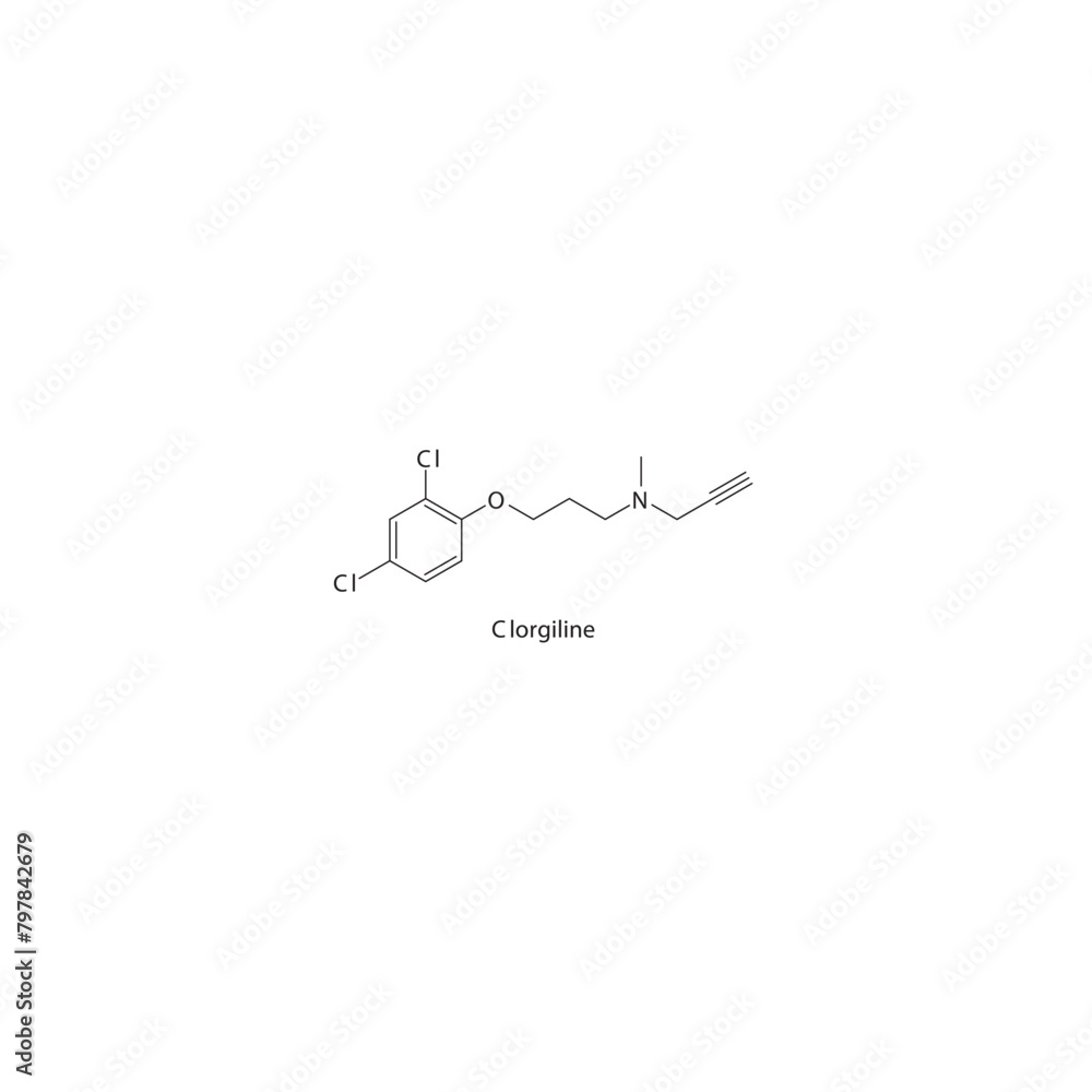 Clorgiline flat skeletal molecular structure MAO A inhibitor drug used in depression treatment. Vector illustration scientific diagram. Clorgiline flat skeletal molecular structure MAO A inhibitor drug used in depression treatment. Vector illustration scientific diagram.