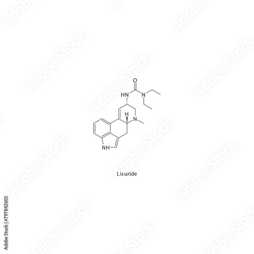 Lisuride flat skeletal molecular structure Dopamine agonist - ergoline drug used in Parkinson's disease treatment. Vector illustration scientific diagram. photo