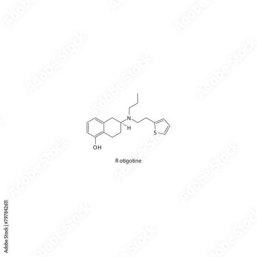 Rotigotine flat skeletal molecular structure Dopamine agonist - non ergot drug used in Parkinson's disease treatment. Vector illustration scientific diagram.