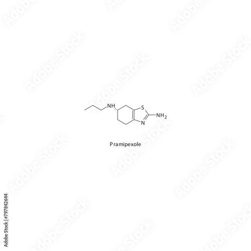 Pramipexole flat skeletal molecular structure Dopamine agonist - non ergot drug used in Parkinson's disease treatment. Vector illustration scientific diagram.