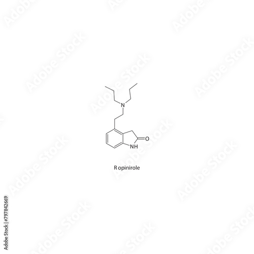Ropinirole flat skeletal molecular structure Dopamine agonist - non ergot drug used in Parkinson's disease treatment. Vector illustration scientific diagram. photo