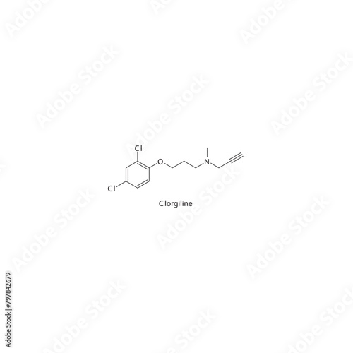 Clorgiline  flat skeletal molecular structure MAO A inhibitor drug used in depression treatment. Vector illustration scientific diagram.