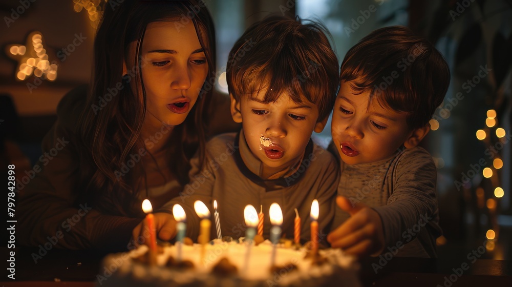 A boy's birthday, parents blowing birthday cake together A boy's birthday, parents blowing birthday cake together