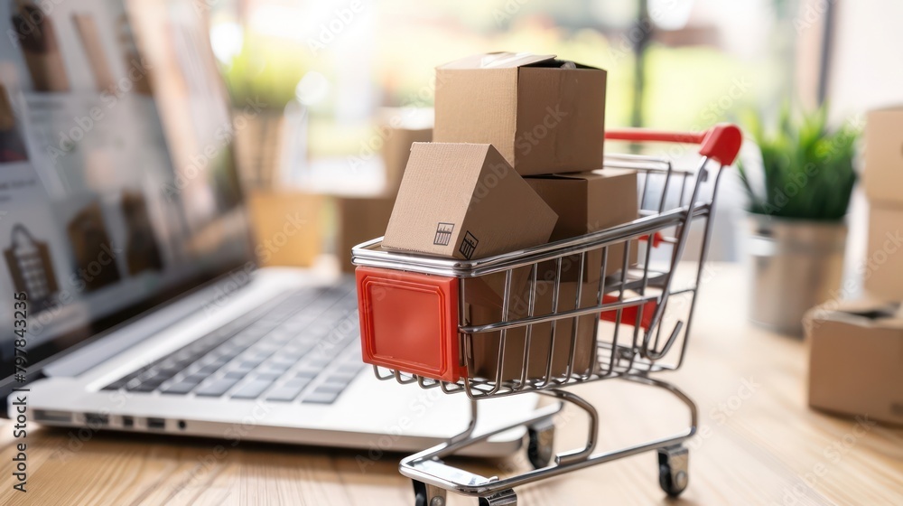photo of online shopping with cardboard boxes on a trolley shopping basket with a laptop keyboard in the background photo of online shopping with cardboard boxes on a trolley shopping basket with a laptop keyboard in the background