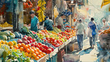 A bustling watercolor painting of a produce market