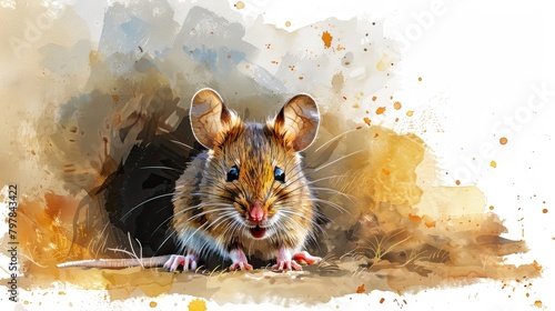 A watercolor painting of a mouse peeking out of a hole.