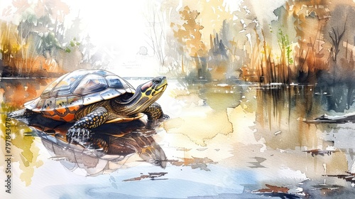 A watercolor painting of a turtle sitting on a rock in a pond, surrounded by trees and plants. photo
