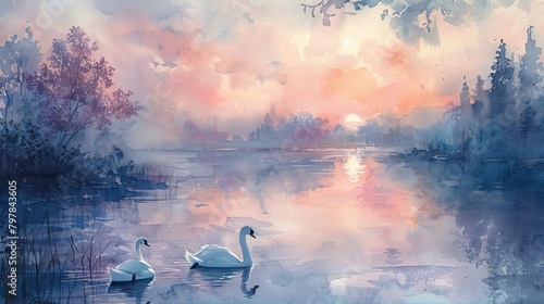 Fototapeta Naklejka Na Ścianę i Meble -  Two swans in a lake at sunset, watercolor painting