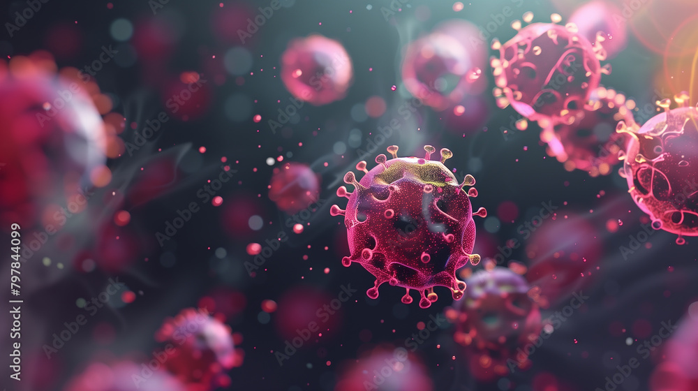 A bunch of red and pink viruses are floating in the air. The viruses are small and round, and they are scattered throughout the image. Scene is somewhat ominous A bunch of red and pink viruses are floating in the air. The viruses are small and round, and they are scattered throughout the image. Scene is somewhat ominous