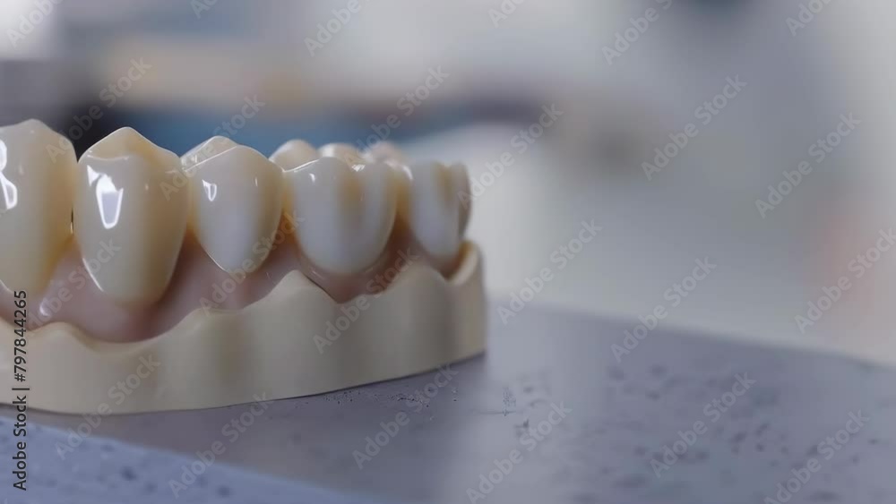 A close-up view of dental prosthetics, capturing the detailed craftsmanship of the artificial teeth set against a blurred clinical background. Ideal for dental health and technology topics A close-up view of dental prosthetics, capturing the detailed craftsmanship of the artificial teeth set against a blurred clinical background. Ideal for dental health and technology topics