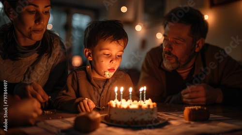 A boy's birthday, parents blowing birthday cake together