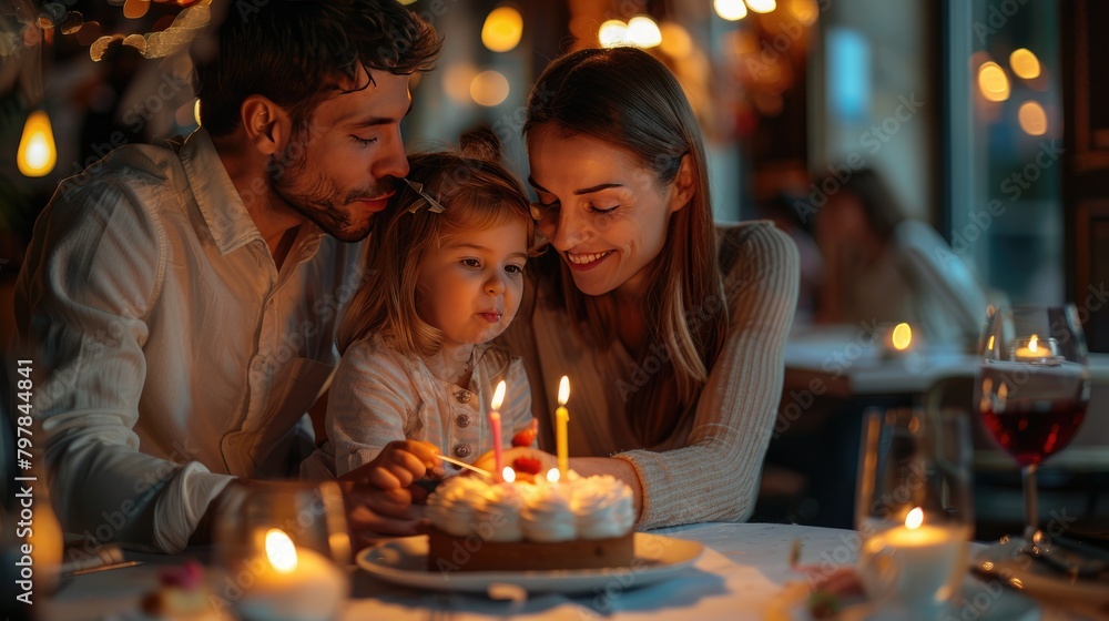 Little girl's birthday, parents eating cake together Little girl's birthday, parents eating cake together