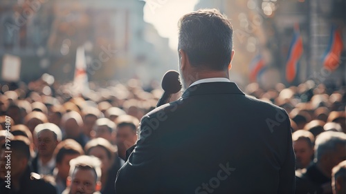 Man politician doing a speech outdoor in front of a crowd of members of a political party photo