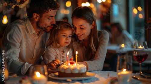 Little girl's birthday, parents eating cake together