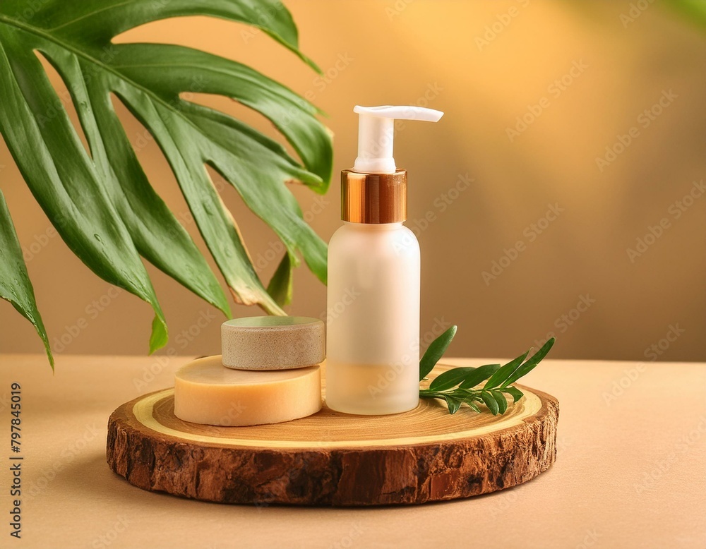 A cosmetic pump bottle and circular soap bars on a wooden stump podium. Unbranded. Green leaves. 