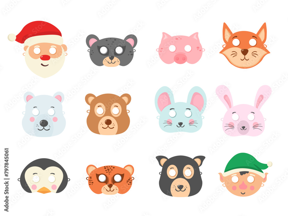 PNG, Set of assorted animal mask on face, dress-up, party accessory, DIY animal paper masks, photo booth props masks. Animals carnival mask festival decoration masquerade. Vector illustration