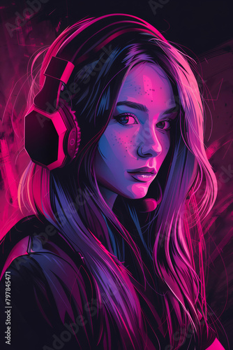 Woman gamer in esports. Illustration of a woman gamer, professional esports player. © Noize